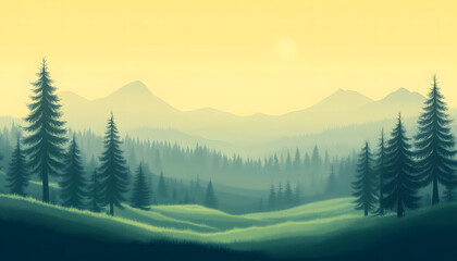 Fototapeta premium Serene Mountain Landscape With Misty Forest And Rolling Hills