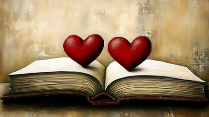 Open book with two red hearts symbolizing love and connection.