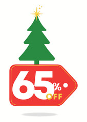 65% off. Merry Christmas, Christmas tree, holiday, star, discount sticker. Banner, festive Black Friday sale, ornaments, light, promo, holiday, celebration, party, vacation. Set, icon, vector