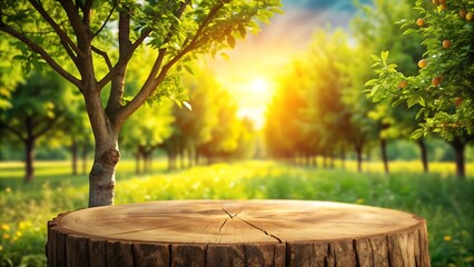 circle Tree Table wooden Podium for product display.background in a  grass ,green,Sunlight,product for natural concept.