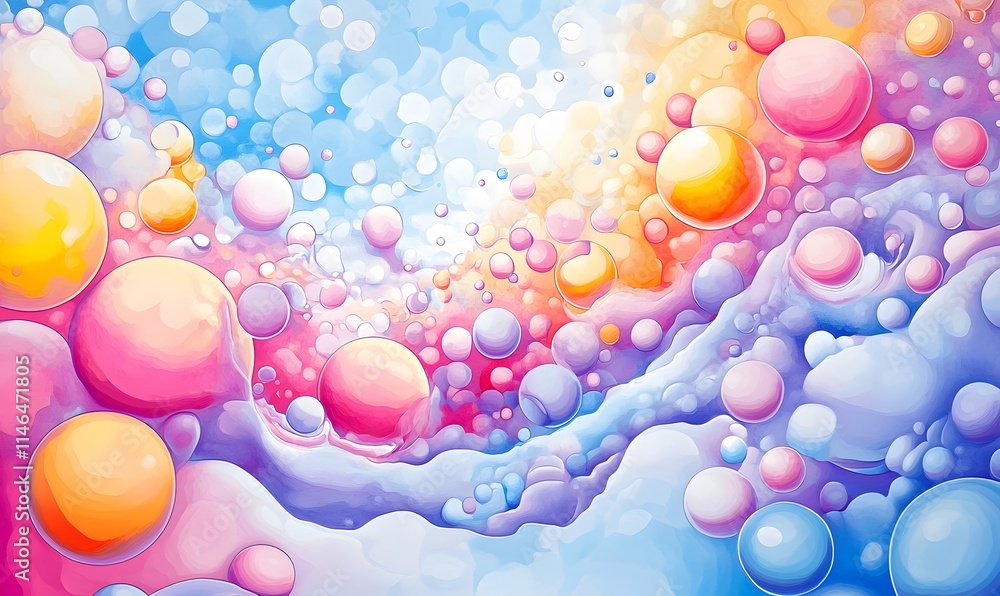 Poster pastel bubble abstract with liquid clouds and colorful floating spheres.
