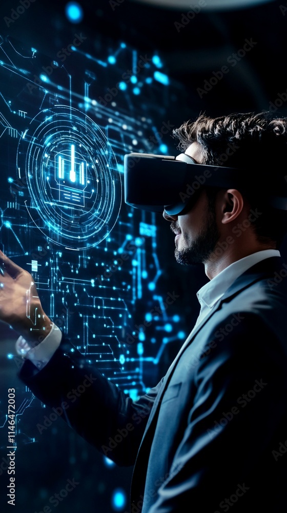 Poster businessman wearing virtual reality headset interacting with futuristic holographic interface displa