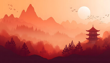 Serene Sunset Over Misty Mountains and Pagoda