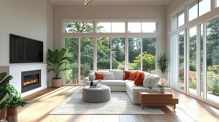 Fototapeta premium Modern sunroom interior with floor-to-ceiling windows overlooking lush garden, featuring white sectional sofa with orange accent pillows, contemporary fireplace and potted plants.