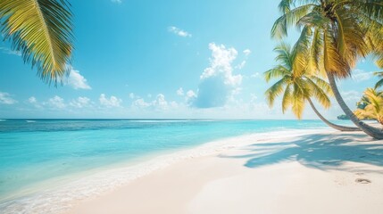 Fototapeta premium beach vacation, sandy shores, ocean waves, palm trees, tropical, relaxation, summer, travel