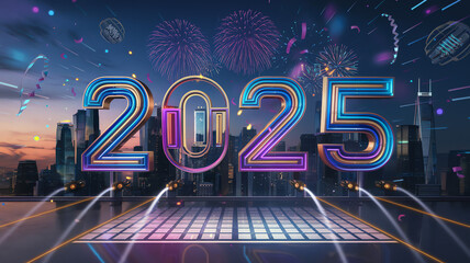 Colorful fireworks celebration welcoming the New Year 2025 in a city skyline setting