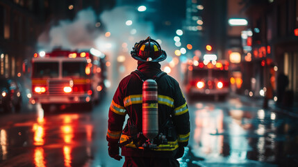 A firefighter in full gear stands in a city street