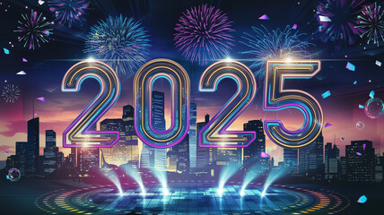 Celebration of New Year 2025 with fireworks and a vibrant city skyline