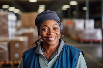 Portrait of a joyful middle aged female warehouse worker