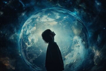 A child gazes in wonder at the stunning view of planet Earth, symbolizing hope and renewal on Earth Day. The cosmic scene highlights the beauty of our world in the universe.