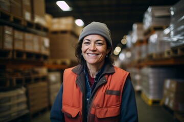 Portrait of a joyful middle aged female warehouse worker