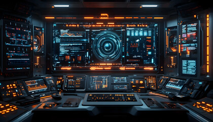 Fototapeta premium A high-tech control room with glowing screens and buttons for monitoring and data analysis.