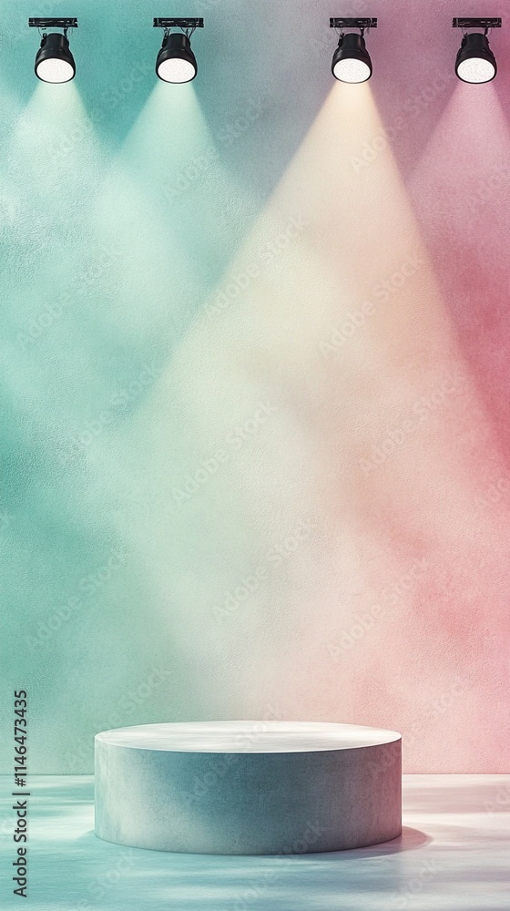Poster modern minimalist display podium under spotlights with gradient pastel background from turquoise to 