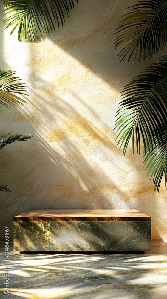 Poster minimalist wooden platform display against beige wall with dramatic diagonal sunbeams streaming thro