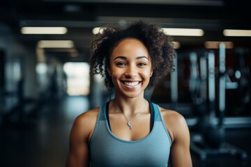 Fototapeta premium Portrait of a young female African American fitness trainer in gym