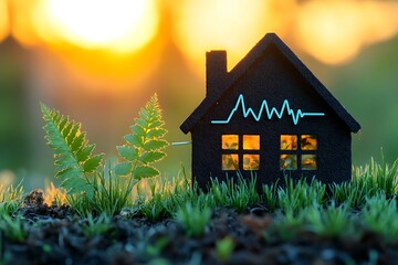 Miniature House on Grass with Heartbeat Symbol at Sunrise