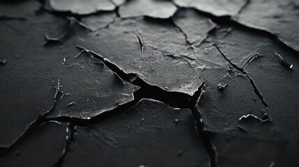 Close-up of cracked, textured surface in dark tones, emphasizing detail and contrast.