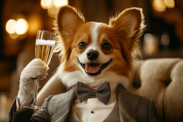 Dog on a holiday with a glass of champagne. Happy new year dog celberation.	
