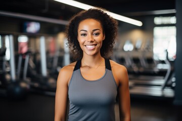Fototapeta premium Portrait of a young female African American fitness trainer in gym