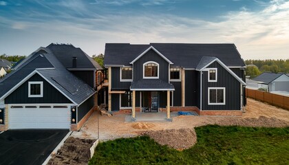 New home development construction site; newly developed subdivision with new construction; brand new suburbs; American home construction site; homes built with wood; new home developers 