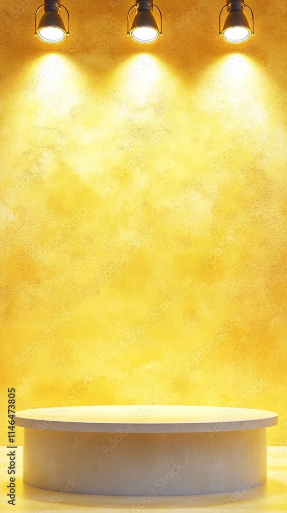 Poster three modern spotlights illuminating a white circular podium display against warm golden textured ba