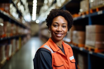 Fototapeta premium Portrait of a joyful middle aged female warehouse worker