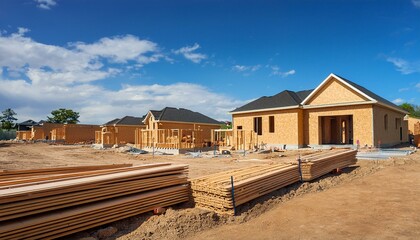 New home development construction site; newly developed subdivision with new construction; brand new suburbs; American home construction site; homes built with wood; new home developers 