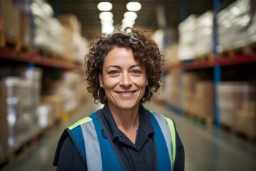 Fototapeta premium Portrait of a joyful middle aged female warehouse worker