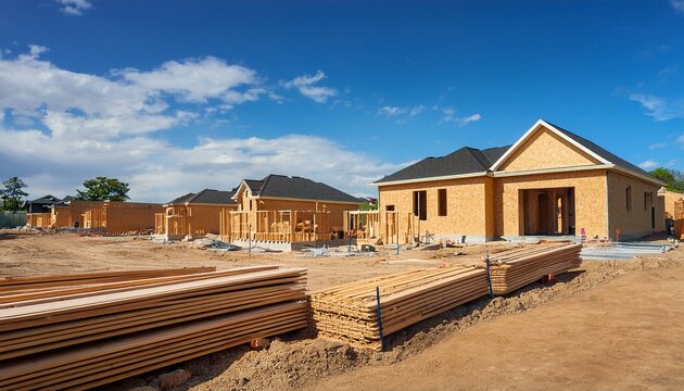 New home development construction site; newly developed subdivision with new construction; brand new suburbs; American home construction site; homes built with wood; new home developers 
