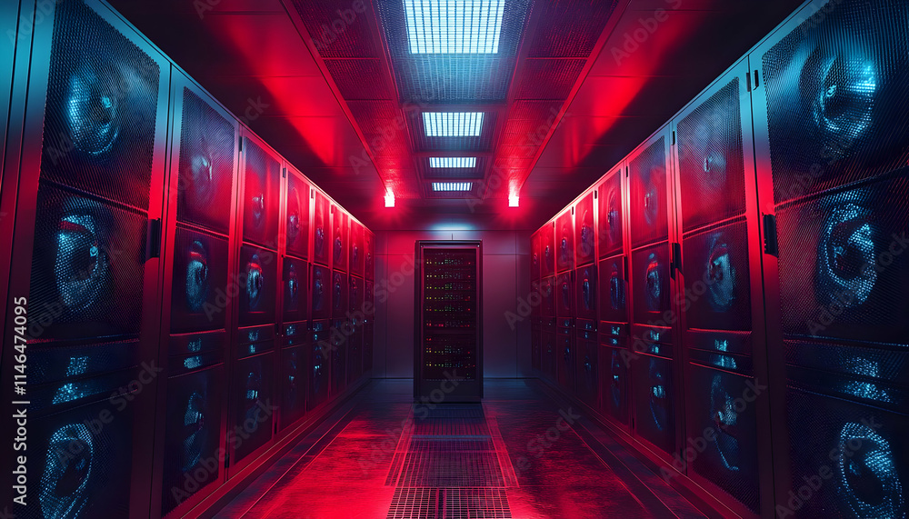 Aufkleber a dimly lit corridor lined with server racks, highlighting a high-tech data center environment.
