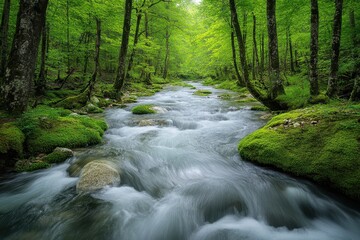 Fototapeta premium Serene stream flows through lush green forest, mossy rocks line its banks. Perfect for nature, tranquility, and peace themed projects.