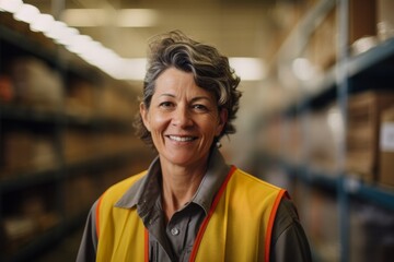 Fototapeta premium Portrait of a joyful middle aged female warehouse worker