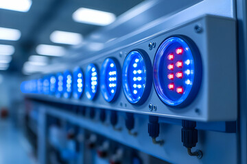 Fototapeta premium A panel of blue and red LED lights indicating operational status in an industrial setting.