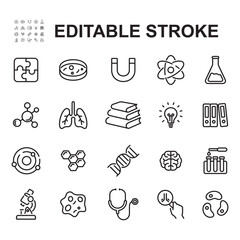 Collection of science related icons. Thin line vector. Contains icons such as telescope, bacteria, and many more.