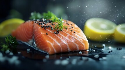 Fresh Salmon Fillet Garnished Lemon Black Seeds Herbs Gourmet Plating Culinary Photography Cooking