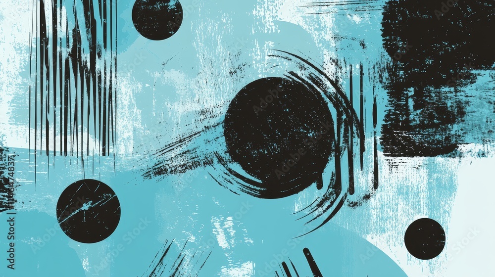 Poster black and turquoise blue abstract grunge paint marks and textured patterns montage on white backgrou