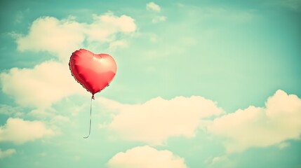 Fototapeta premium red heart-shaped balloon drifting in a blue sky with clouds.
