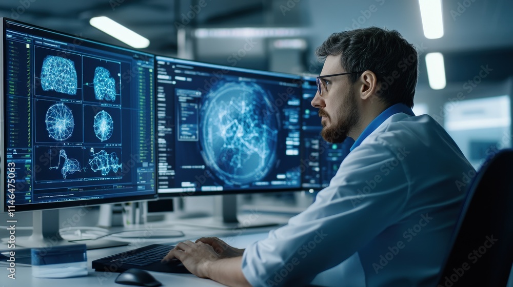 Poster an it professional monitoring health record security on a dashboard in a futuristic control room,