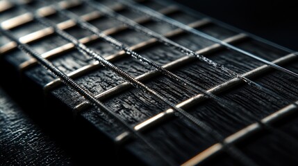 Fototapeta premium Closeup of a Dark Acoustic Guitar Fretboard: Detailed Texture and String Detail