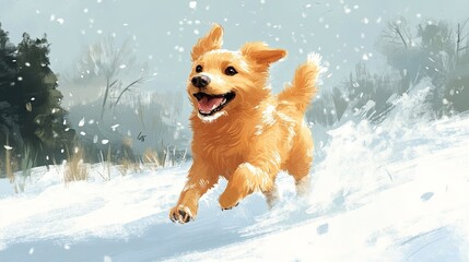 An illustration of a contented dog sprinting in winter snow 
