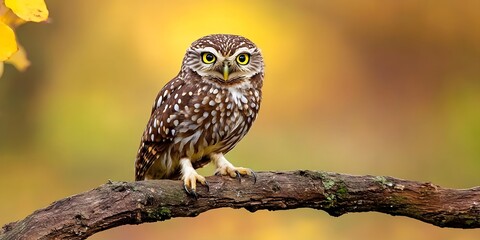 A small owl perched on a branch, showcasing its striking features against a blurred background.