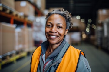 Portrait of a joyful middle aged female warehouse worker