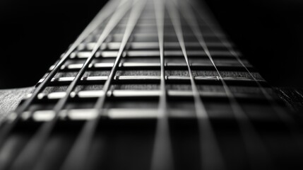 Close-Up Black and White Guitar Strings Abstract Photography: A Detailed Look at Musical Instrument Texture and Design