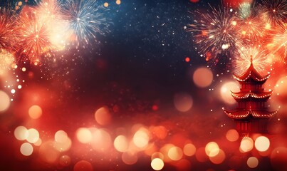 Red pagoda with fireworks and bokeh lights.