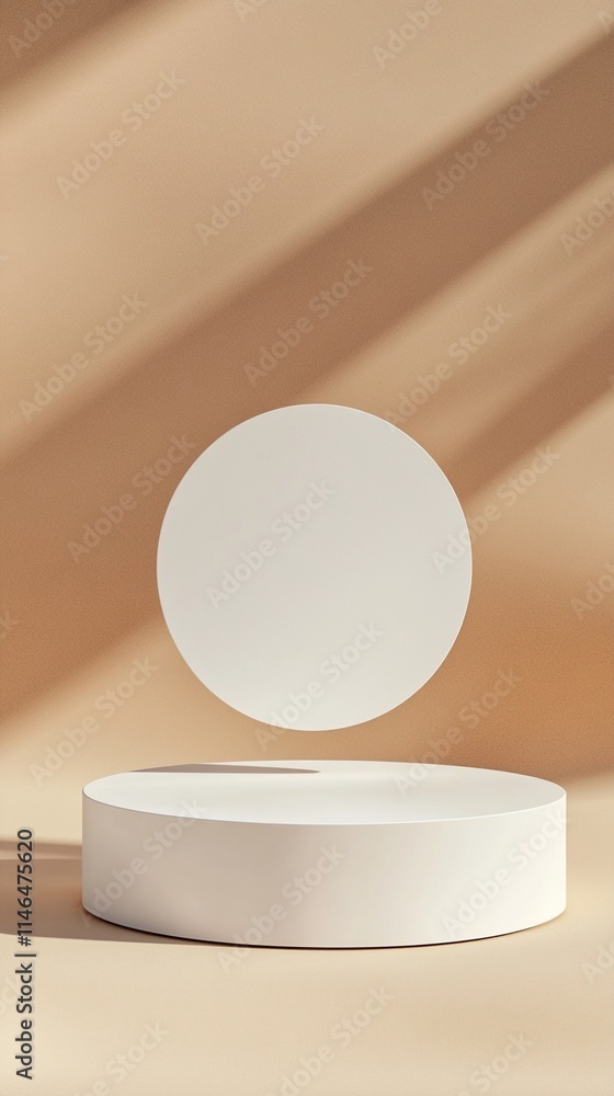 Poster minimalist product display podium with floating white circle against beige background with diagonal 