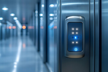 Close-up of an elevator control panel in a modern, well-lit corridor.