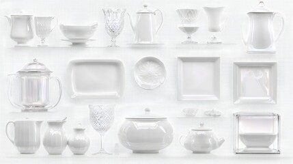 White tableware and glassware collection on shelves.