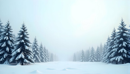 Fototapeta premium Serene Winter Wonderland: Snow-laden pines stand tall in a misty, tranquil forest, creating a breathtaking, peaceful scene.