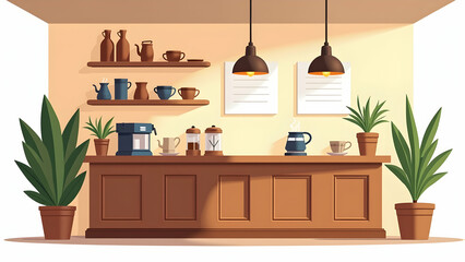 Sunlit Cafe Counter: Warmth, coffee aroma, and potted plants create a cozy ambiance.  Perfect for a relaxing morning!