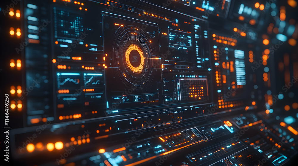 Poster futuristic digital interface with glowing elements and data visualizations.